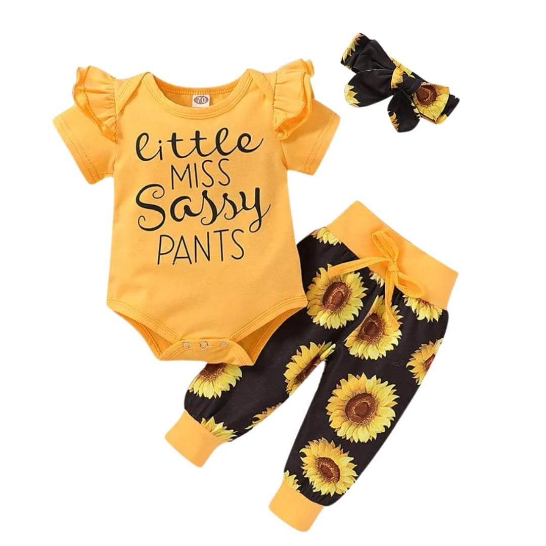Little Miss Sassy Pants Baby Set | Yellow Romper &amp; Sunflower Pants - Lulu Babe