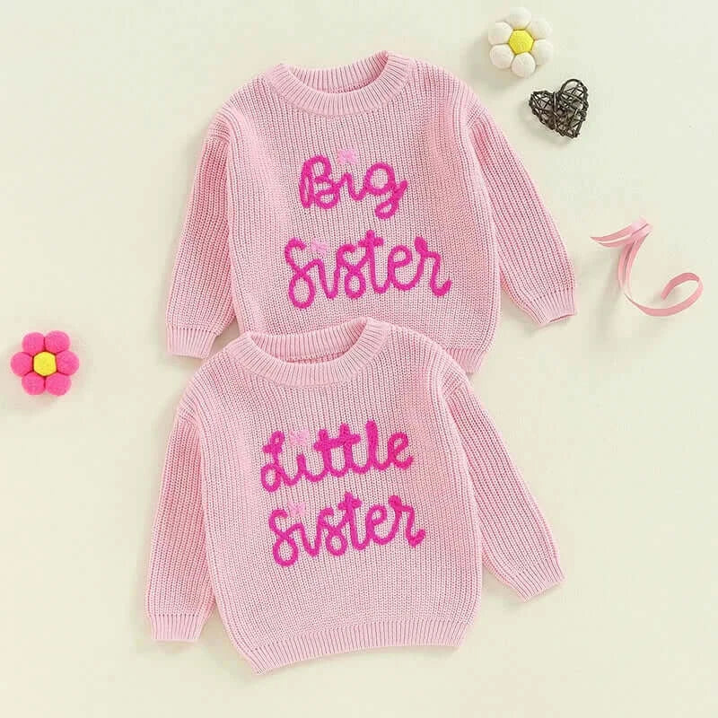 Adorable big sister and little sister pink jumpers, perfect matching sibling jumpers for stylish girls.