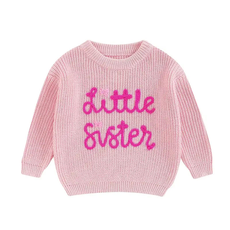 Little Sister Pink Jumper with embroidered text, perfect for little girls. Matching sibling jumpers available.