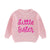 Little Sister Pink Jumper with embroidered text, perfect for little girls. Matching sibling jumpers available.