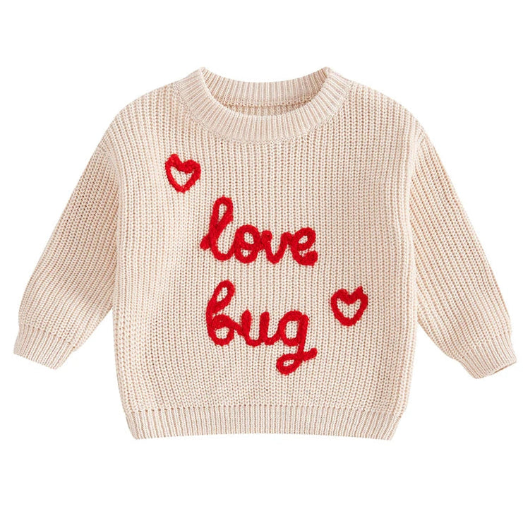 Beige baby knit jumper with red "love bug" and heart embroidery