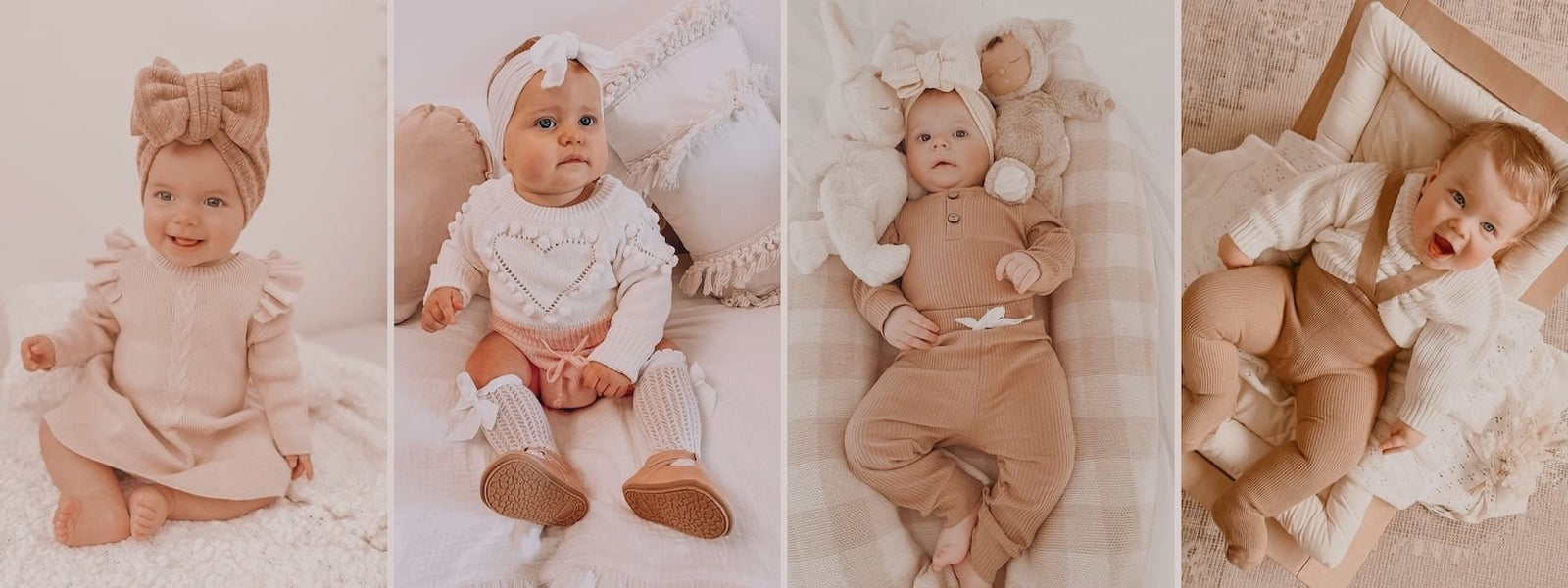 Four babies wearing soft neutral and blush Lulu Babe outfits.