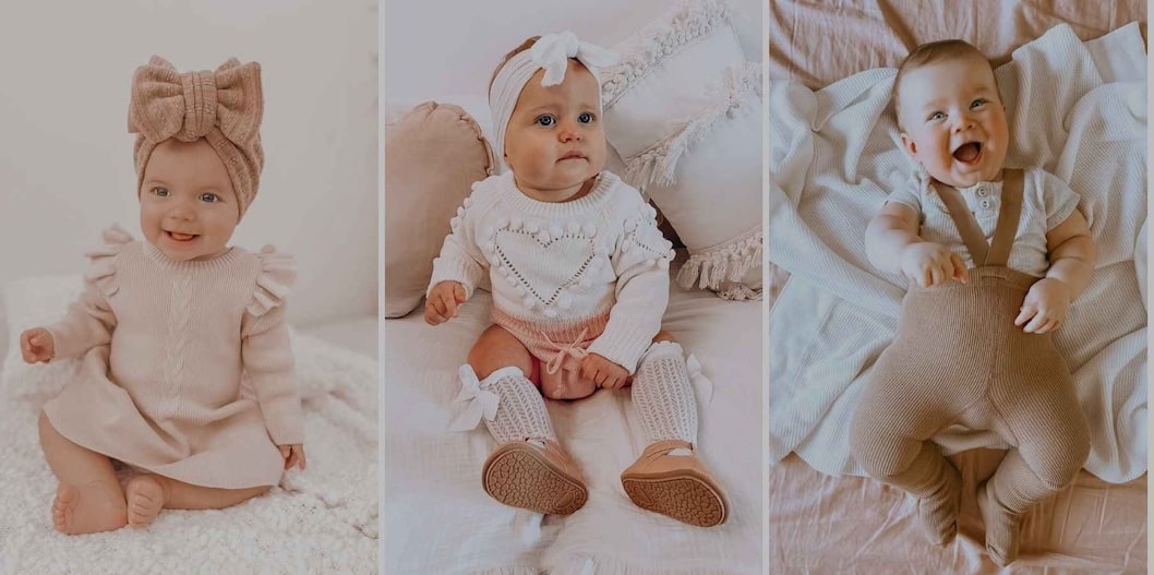 Three babies wearing soft neutral Lulu Babe outfits