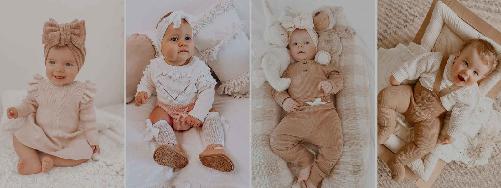 Four babies wearing soft neutral Lulu Babe outfits