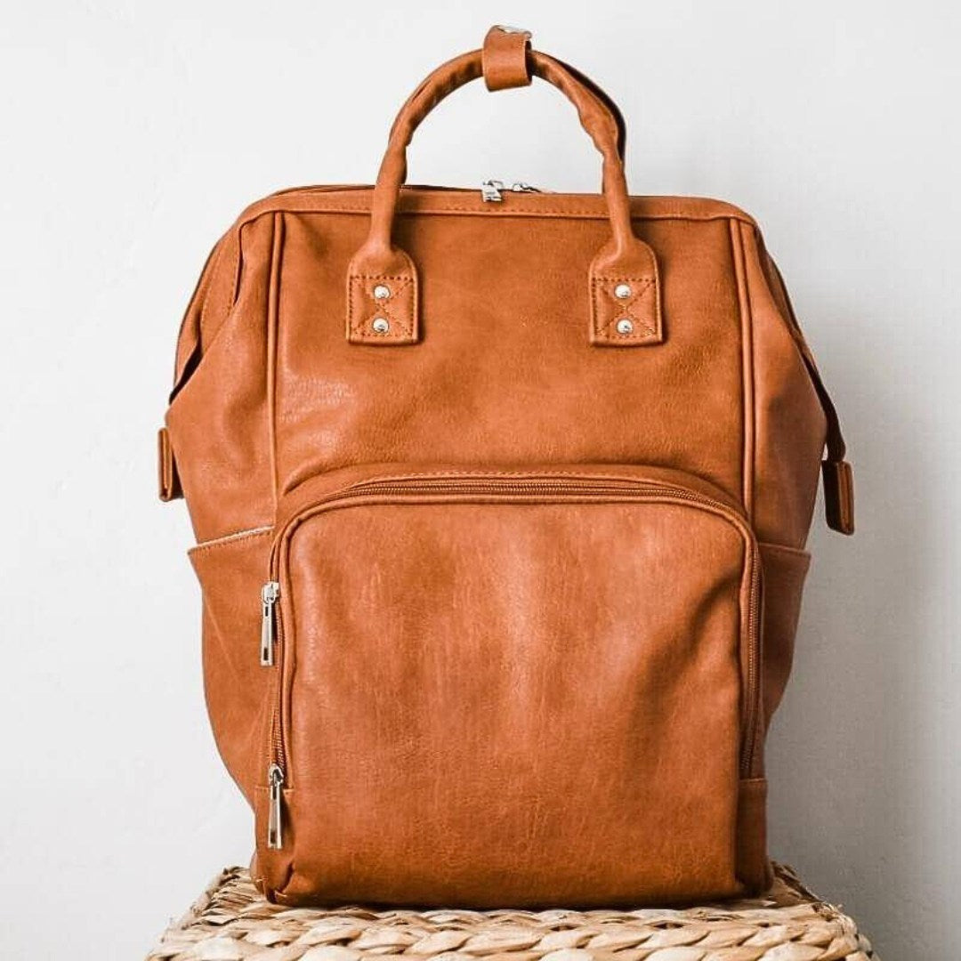 Faux Leather Baby Backpack | Madison Stylish & Practical Tan Nappy Bag - Lulu Babe