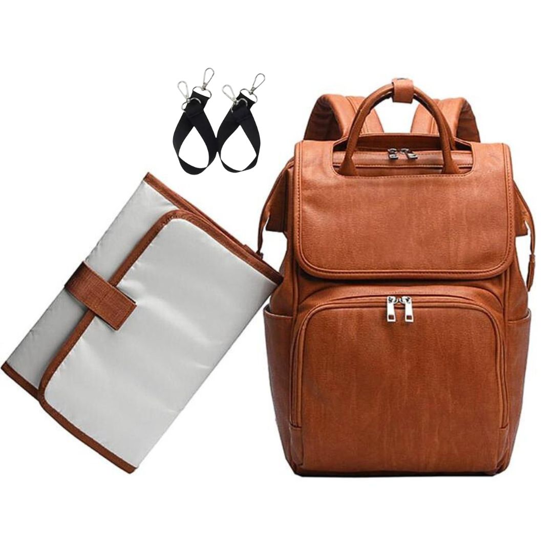 Faux Leather Baby Backpack | Madison Stylish & Practical Tan Nappy Bag - Lulu Babe