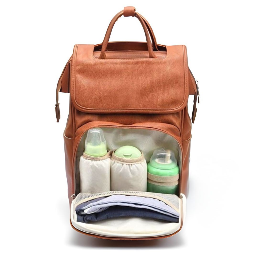 Nappy backpack in tan vegan leather with insulated bottle pockets