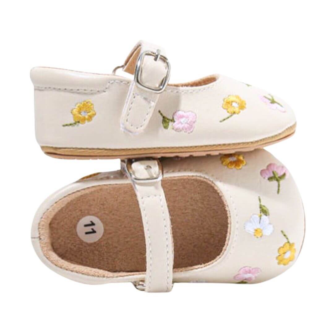 Maeve Flower Baby Shoes | Vegan Leather with Floral Embroidery - Lulu Babe