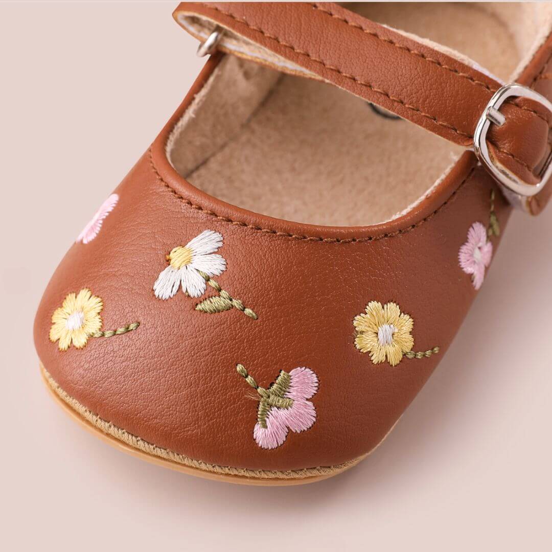 Maeve Flower Baby Shoes | Vegan Leather with Floral Embroidery - Lulu Babe