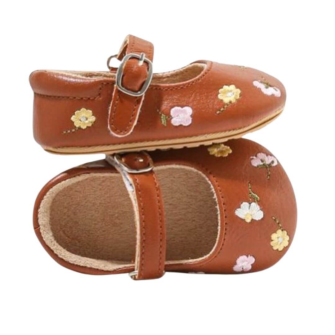 Maeve Flower Baby Shoes | Vegan Leather with Floral Embroidery - Lulu Babe