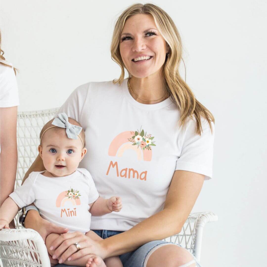 Matching Mama floral rainbow tee for mum and Mini floral rainbow bodysuit for baby