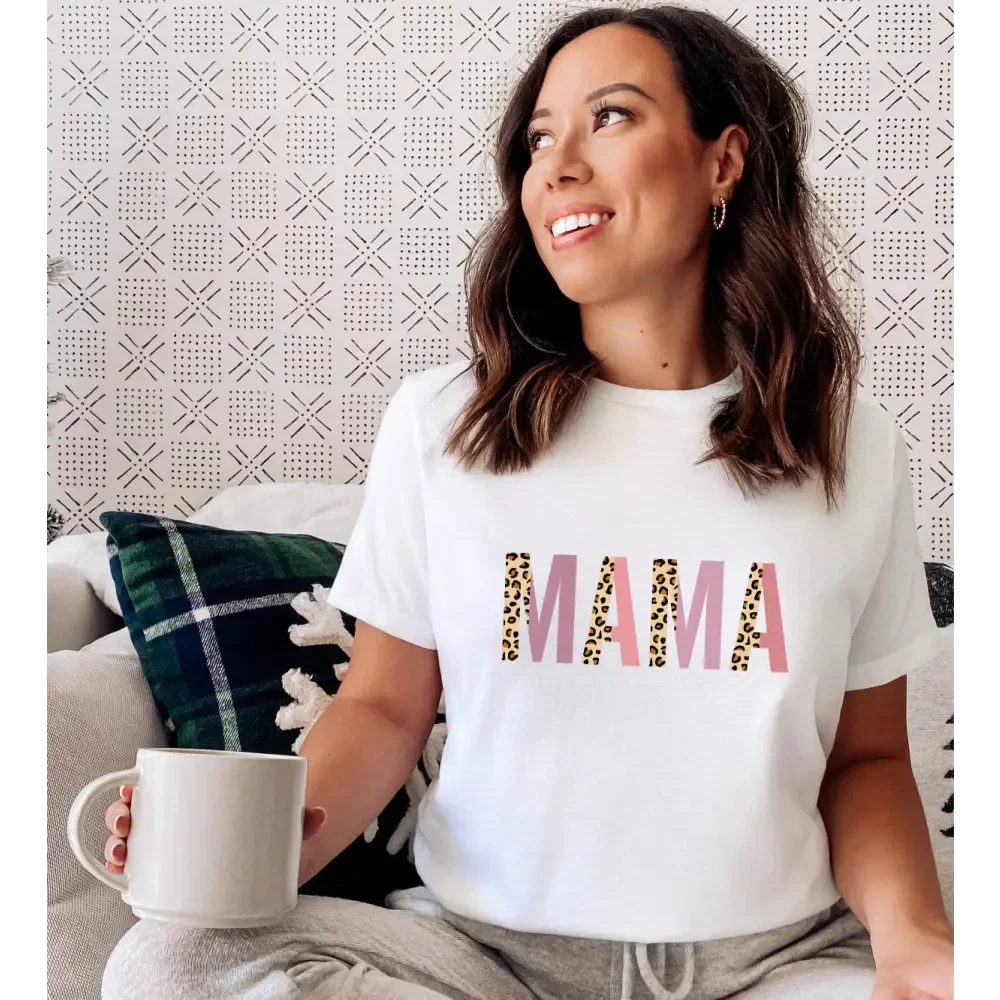 Mum wearing white Mama leopard print t-shirt