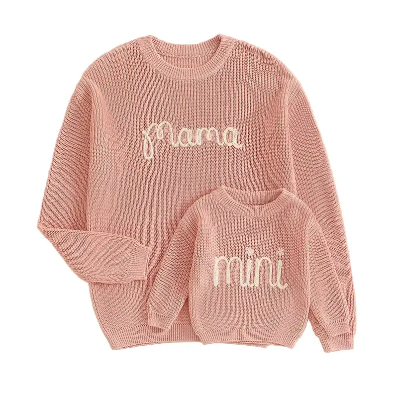 Matching mama and mini knit jumpers - for mum and baby or child - in pink