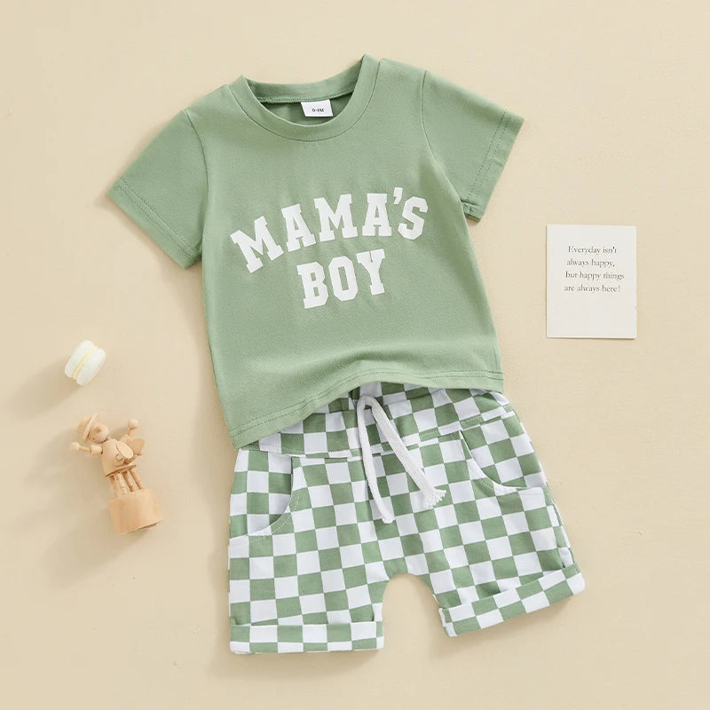 Green baby boy outfit - Mama's Boy top and check shorts