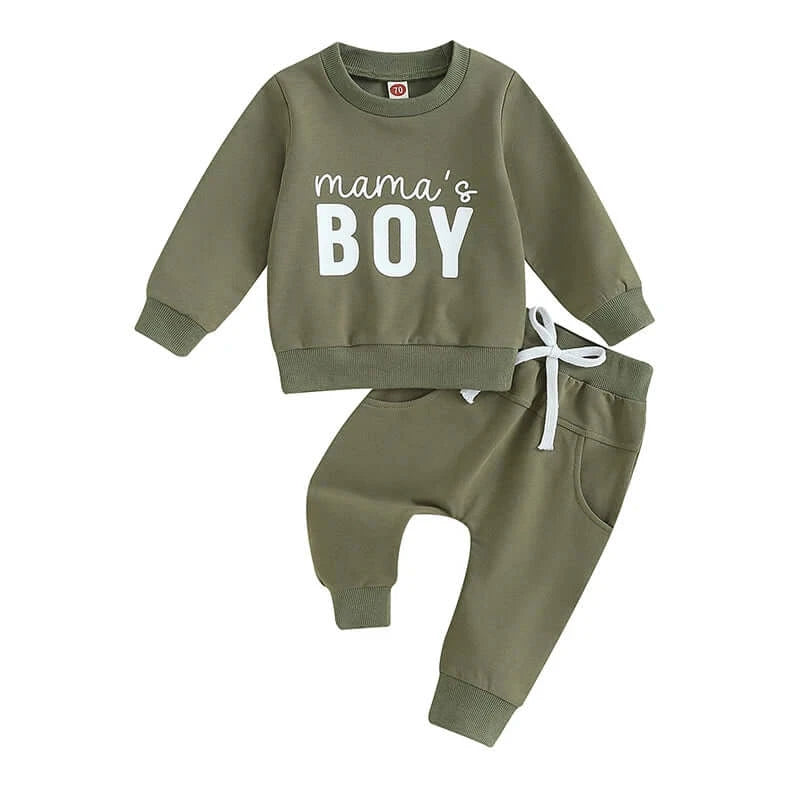 Mama's Boy Baby Outfit | Long Pants & Top Tracksuit Set in khaki (0-3 Years) - Lulu Babe