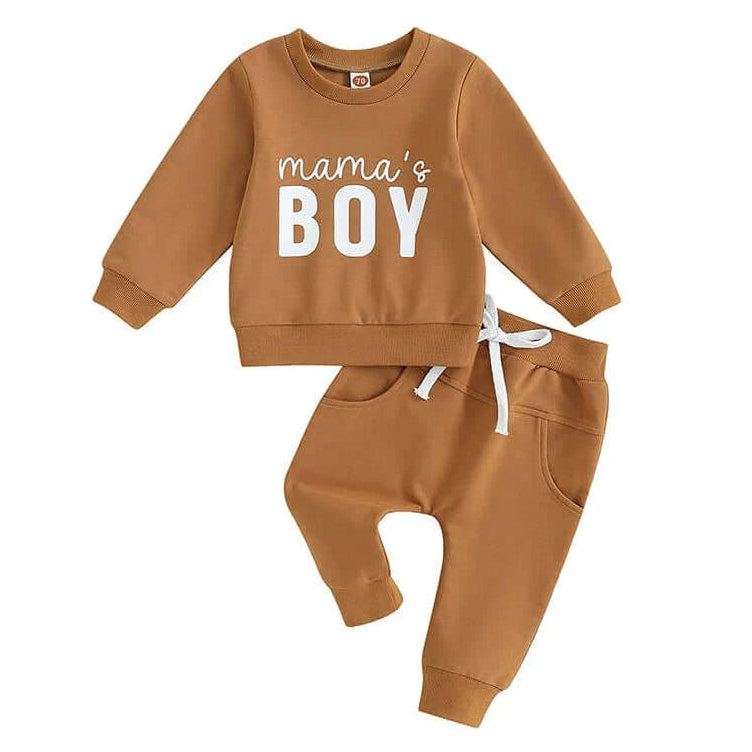 Mama's Boy baby tracksuit set with pullover top and matching pants in mustard