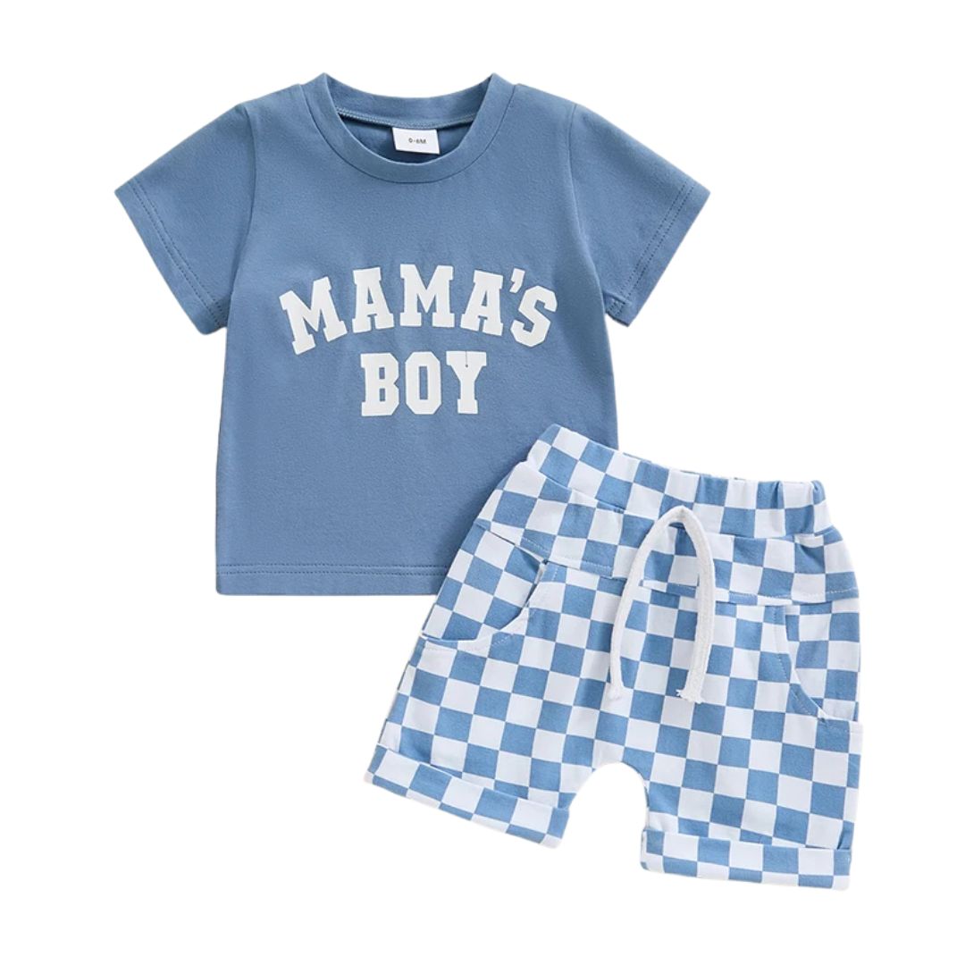 Blue Mama's Boy set with t-shirt and checkered shorts