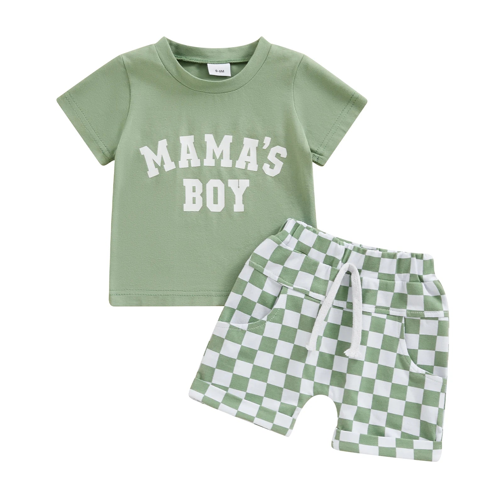 Green baby boy outfit with Mama's Boy T-shirt and checkered shorts