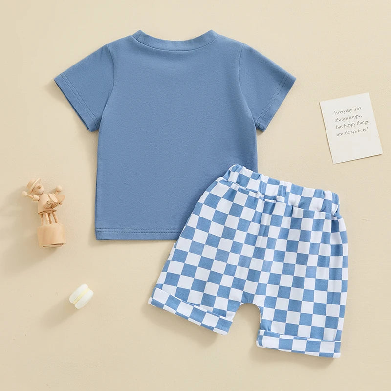 Blue Mama's Boy set with blue t-shirt and checkered shorts - back view