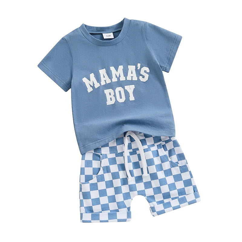 Blue Mama's Boy set with t-shirt and checkered shorts in blue