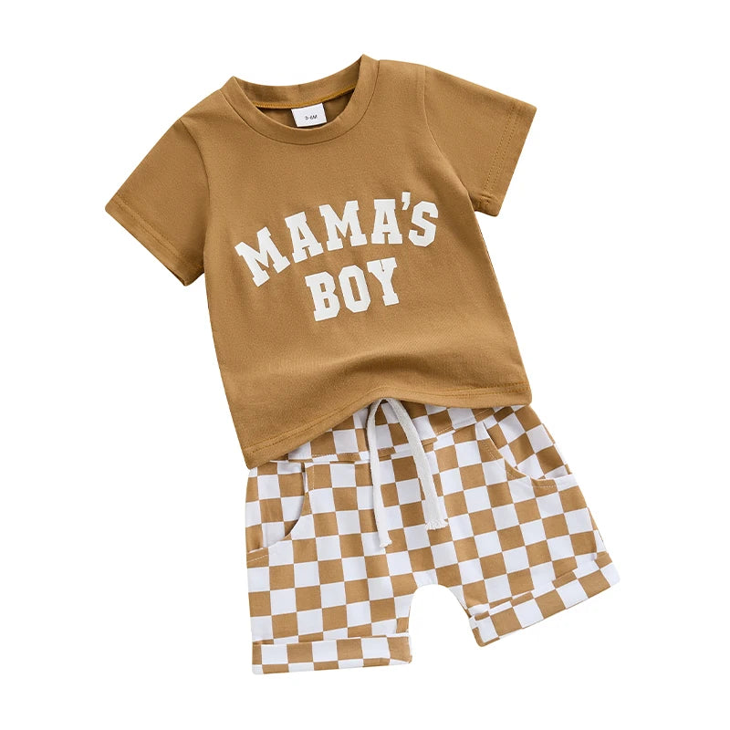 Brown Mama's Boy checkered set with t-shirt and shorts