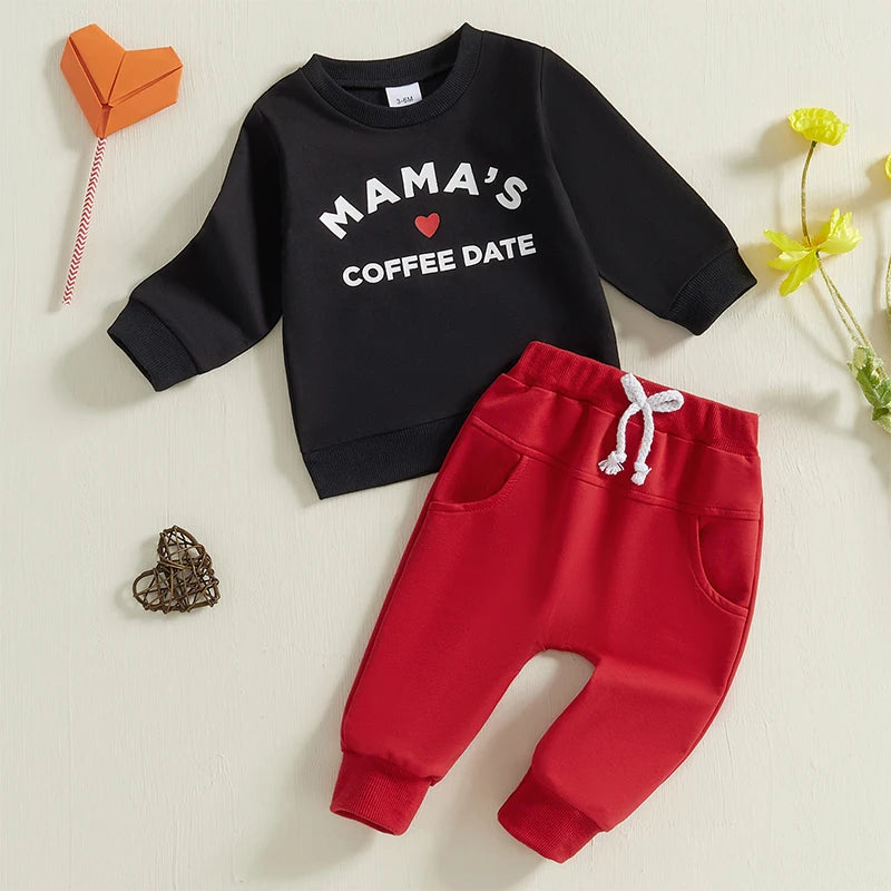 Mama's Coffee Date Baby Outfit with pullover top and red tracksuit pants