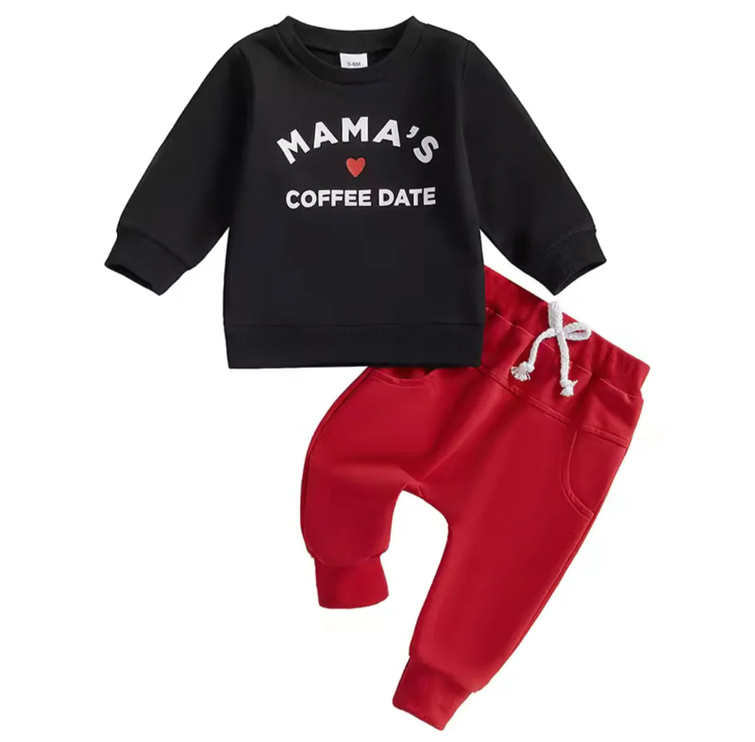 Mama's Coffee Date Baby Outfit with pullover top and red tracksuit pants