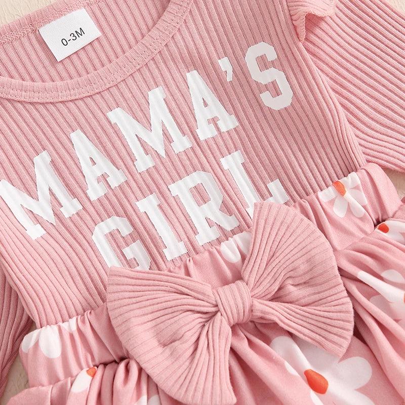 Closeup of Mama's Girl Ruffle Set in pink showing ribbed fabric and bow