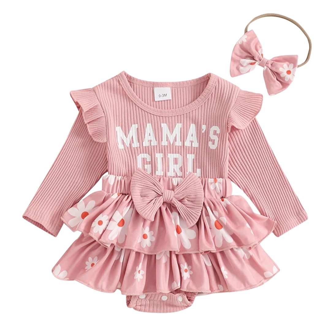Mama&#39;s Girl Ruffle Set in pink with floral skirt and matching headband baby girls 0-18 months