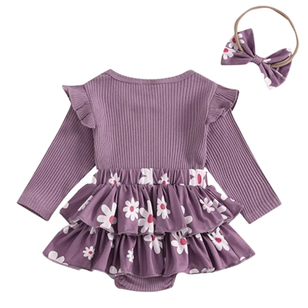 Mama's Girl Ruffle Set in purple with floral skirt, shoulder ruffles, and matching bow headband.