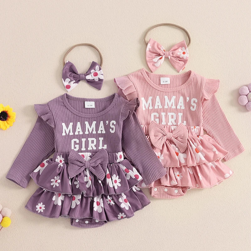Mama's Girl Ruffle Set in purple and pink, featuring shoulder ruffles, floral skirt and matching bow headbands styled flat lay