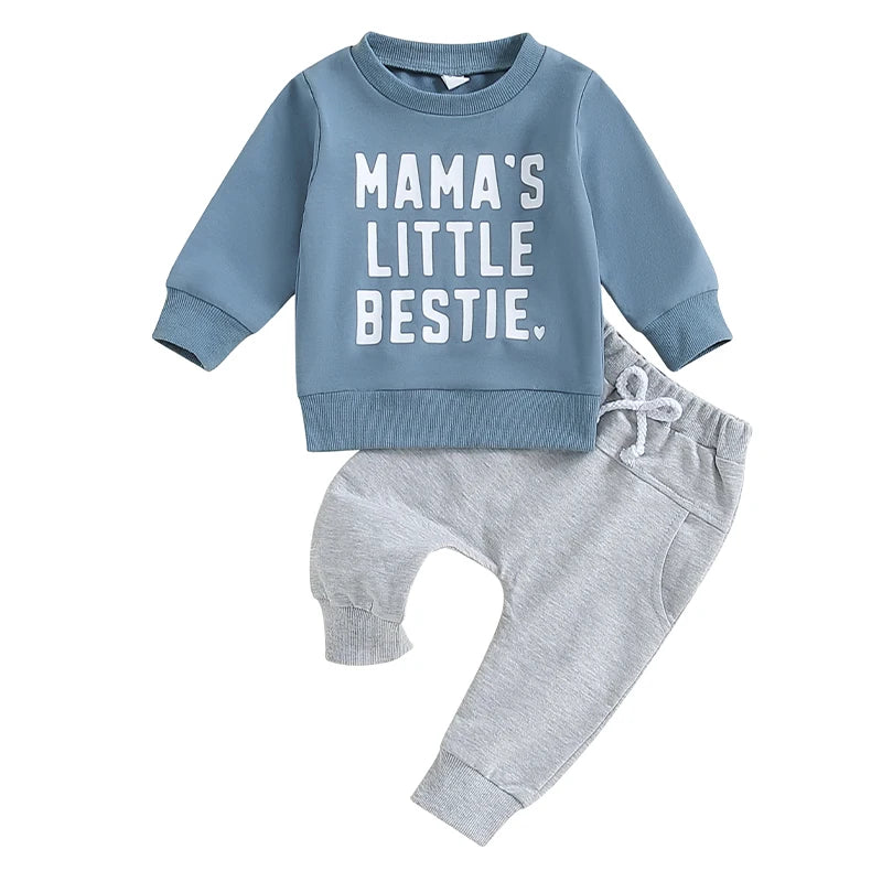 Blue Mama's Little Bestie slogan sweatshirt and grey tracksuit pants two-piece baby boy tracksuit set