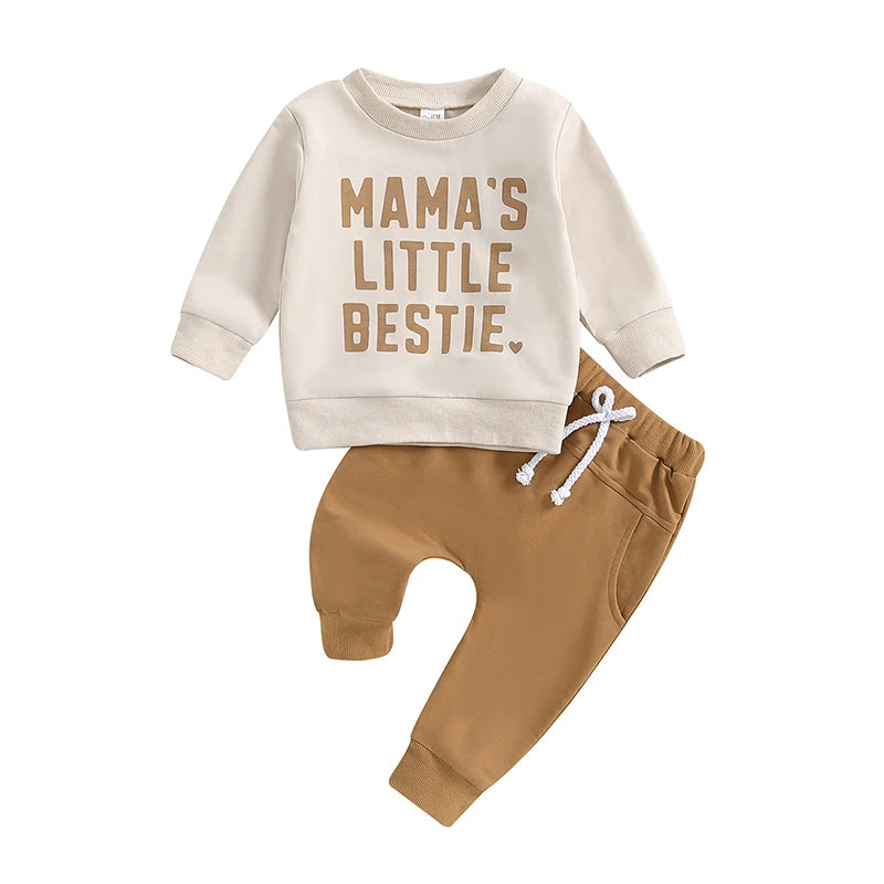 Blue Mama's Little Bestie slogan sweatshirt and grey tracksuit pants two-piece baby boy tracksuit set