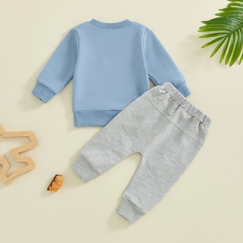 Back view of Mama's Little Man Tracksuit Set in blue