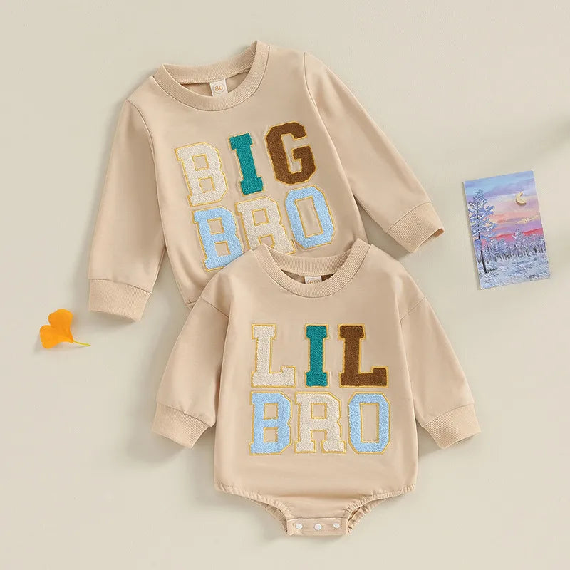 Lil Bro Long Sleeve Romper and matching Big Bro Pullover for adorable sibling style.