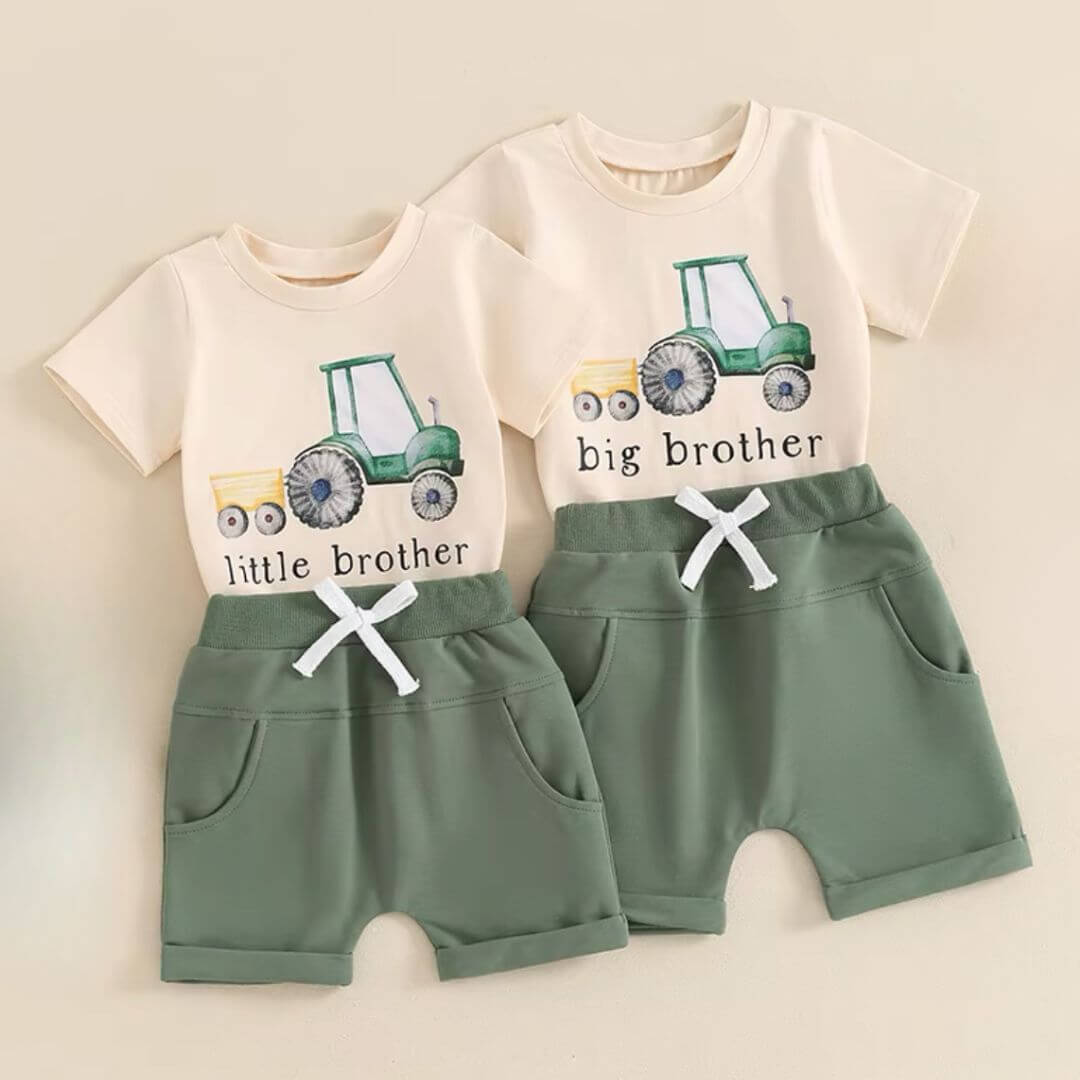 Little Brother Tractor Shorts Set | Matching Brother Outfit (0-3 Years) - Lulu Babe