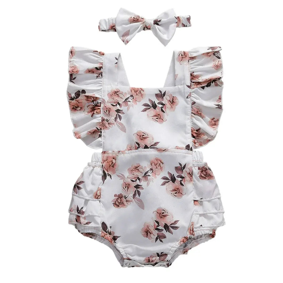 Baby girl outfit with matching headband - adorable floral ruffle onesie in white and pink.