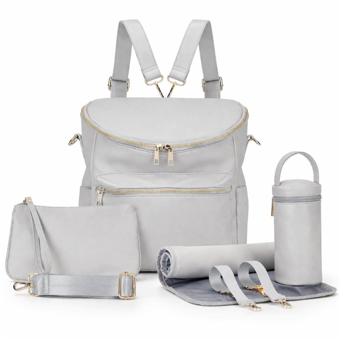 Grey vegan leather nappy backpack with accessories