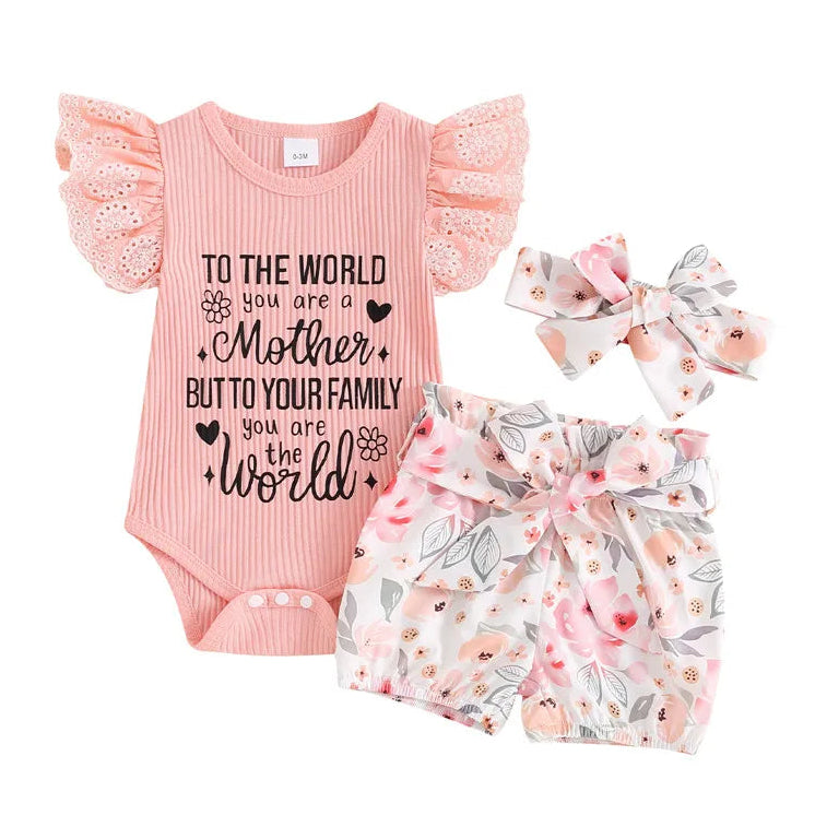 Three-piece baby girl Mother's Day outfit set with pink lace flutter sleeve ribbed bodysuit, floral shorts and headband
