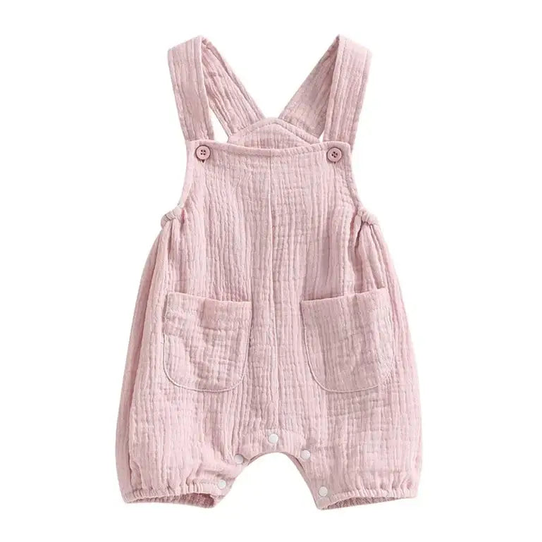Cotton muslin baby romper in blush pink - sleeveless with front pockets | Lulu Babe