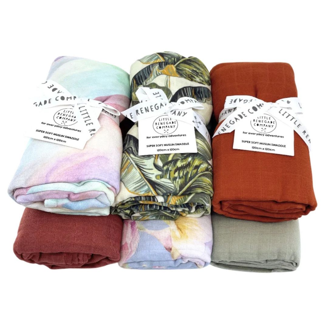 Muslin swaddle baby wraps in bamboo/cotton by Little Renegade Company