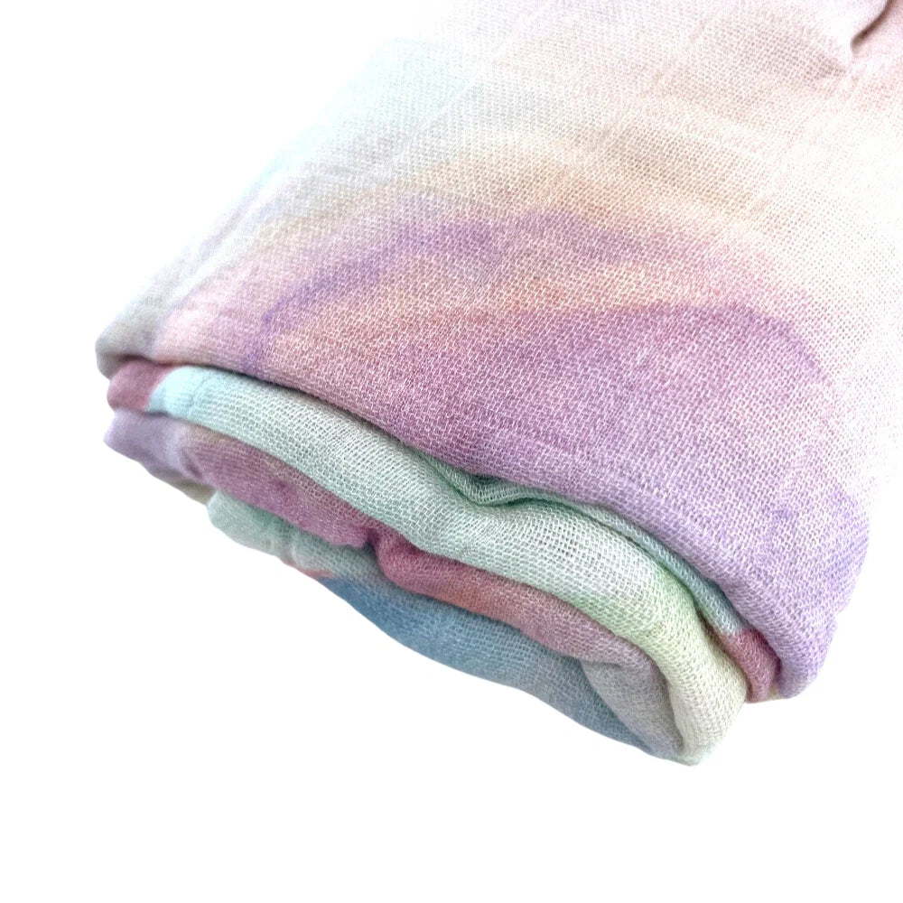 Muslin baby wrap in watercolour spectrum print by Little Renegade Company