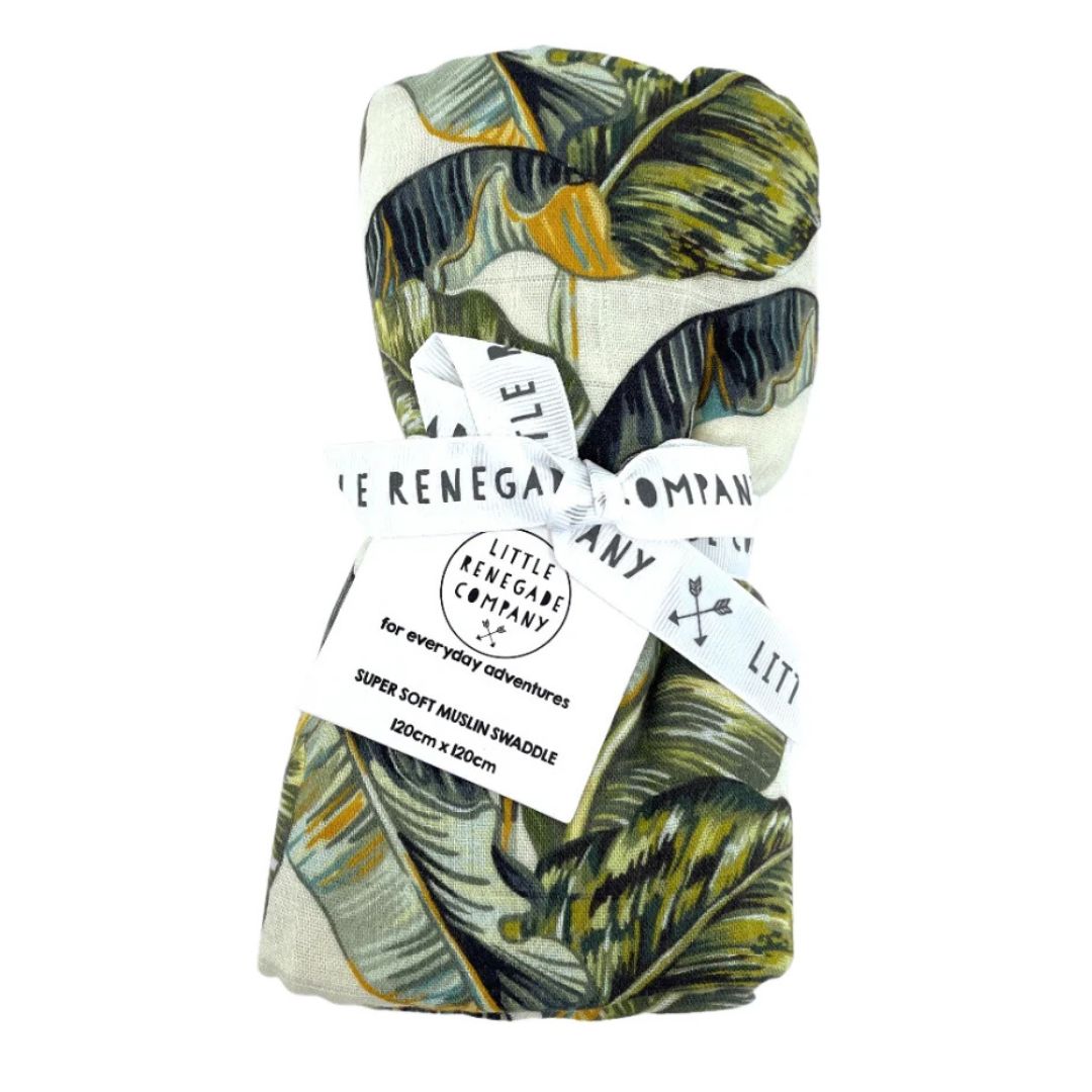 Muslin baby wrap in tropical leaf print by Little Renegade Company