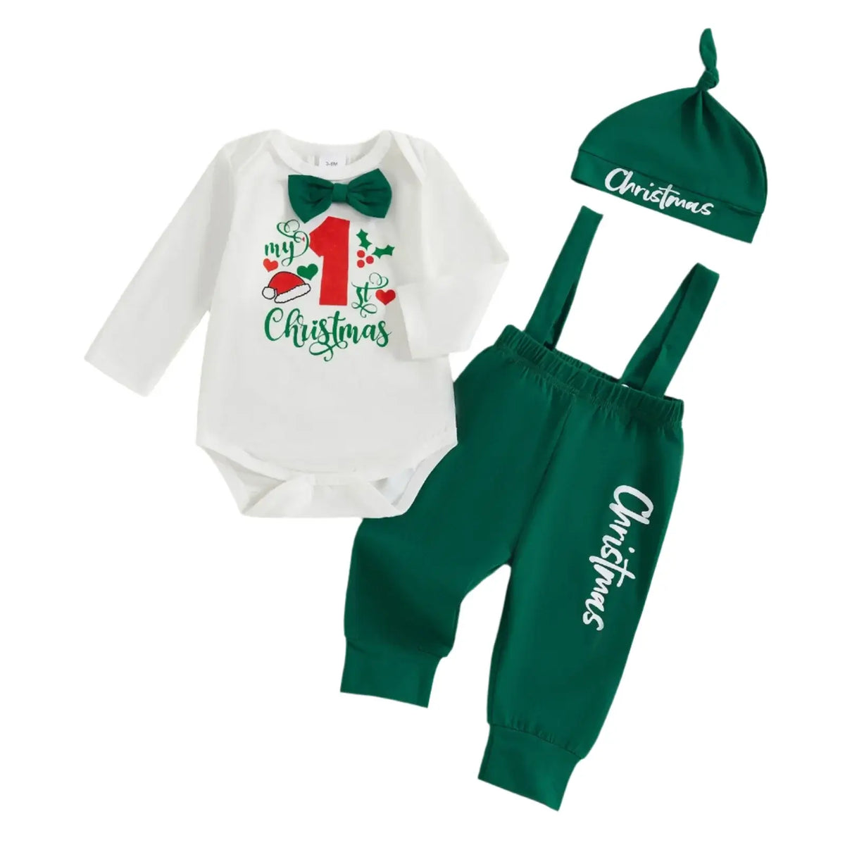 My 1st Christmas baby boy suspender set in green, featuring a bodysuit, overalls, and beanie hat in festive green.
