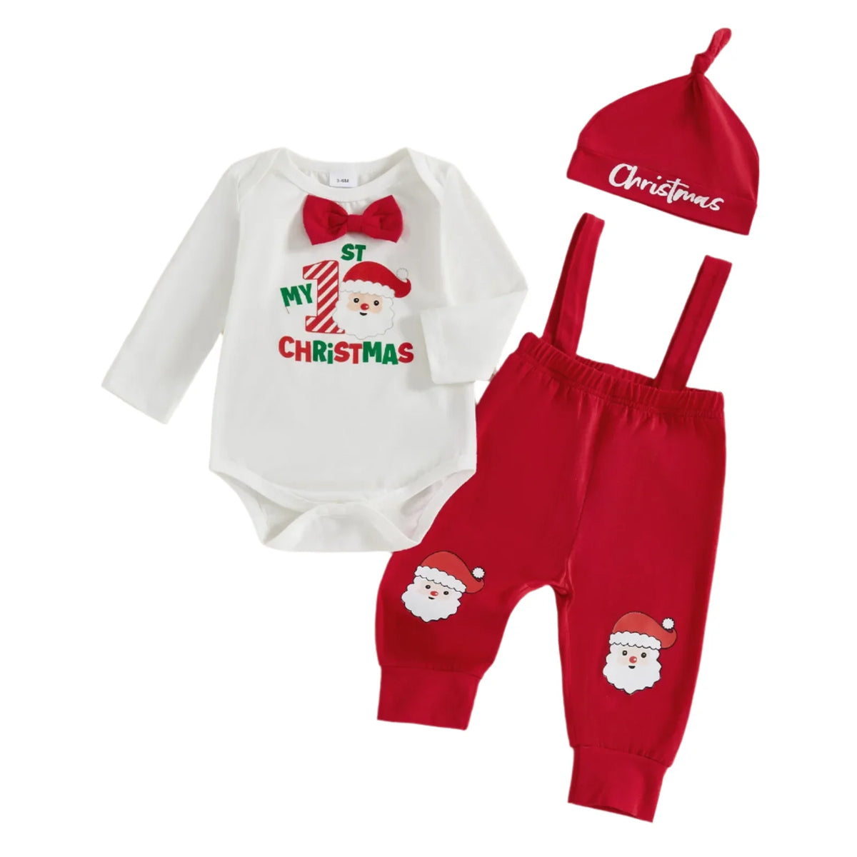 My 1st Christmas baby boy outfit featuring a bodysuit, red overalls and matching beanie
