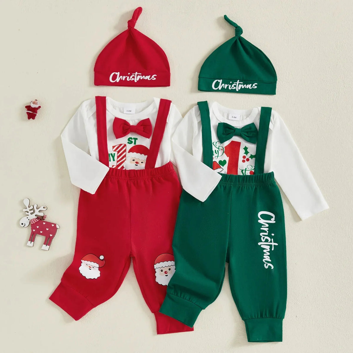 My 1st Christmas Suspender Outfit for baby boys with bodysuit, overalls, and beanie in red and green