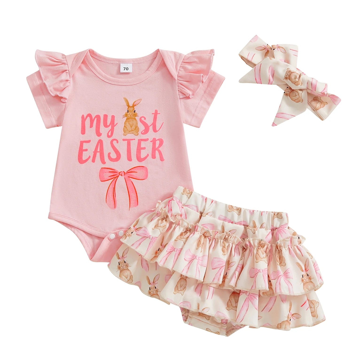 Pink baby girl Easter outfit with "my 1st EASTER" bodysuit, ruffle bloomers, and matching headband