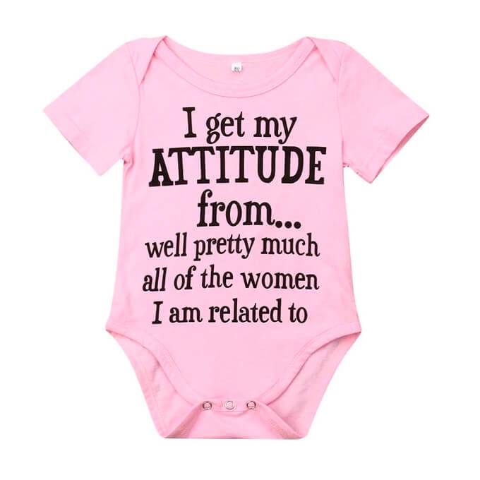 My Attitude Baby Bodysuit in soft pink with a fun quote for baby girls.
