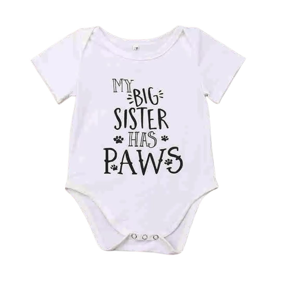 My Big Sister Has Paws baby romper for dog-loving families