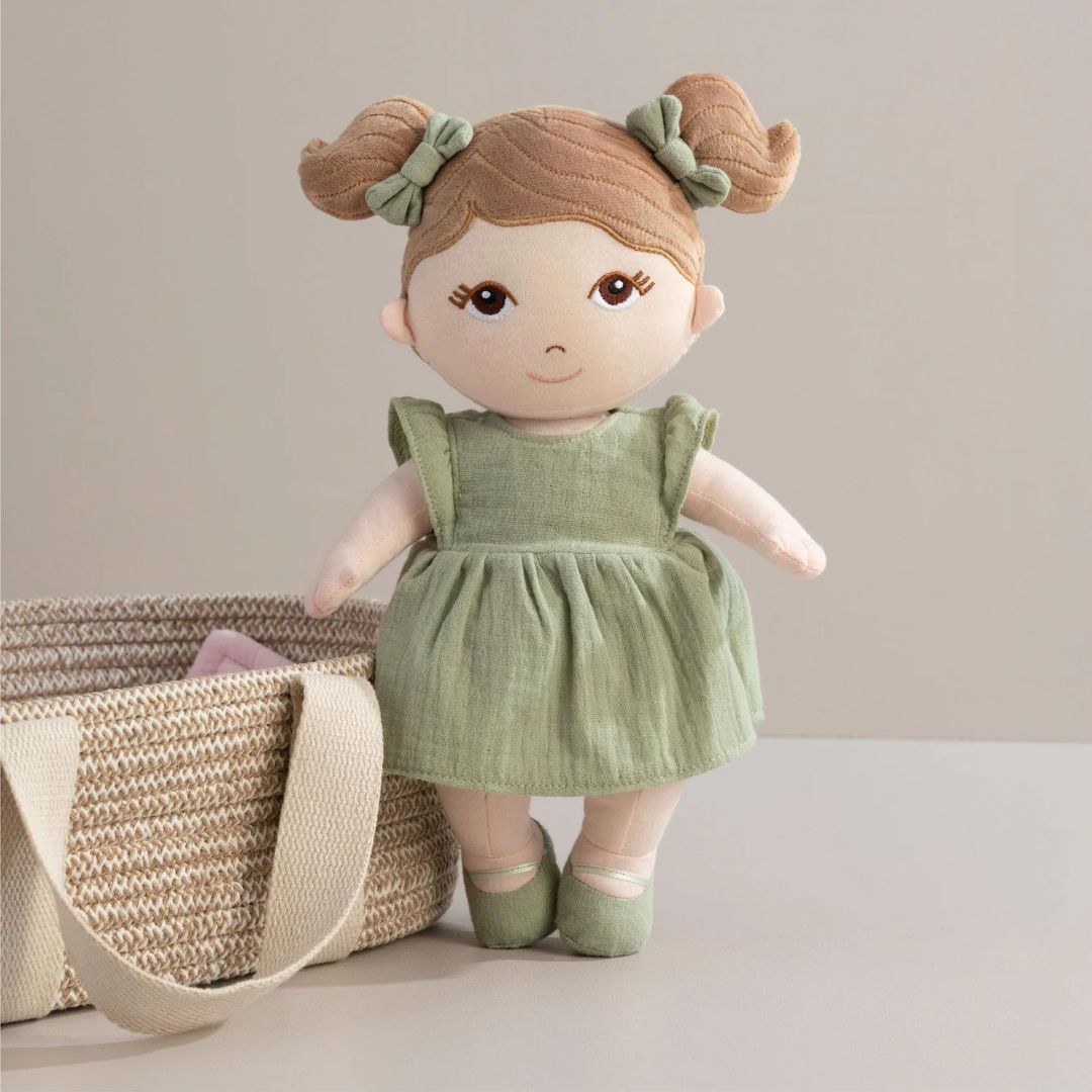 My First Doll - Elena, soft doll with brown pigtails and green dress